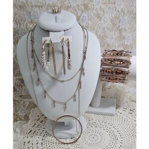 Rose Gold Jewelry Set Necklace x2, 3 Pairs Earrings, Cuff Bracelet